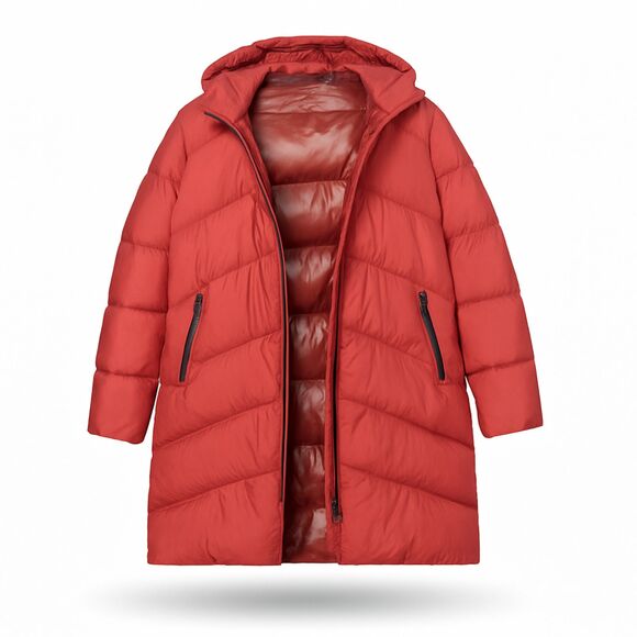Duno Unisex Long Down Puffer Coat – Rust Red, Size US S-M (EU 46) - Picture 3 of 3